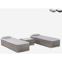 2 transats de jardin en rotin avec petite table d'extérieur Bali - Gris