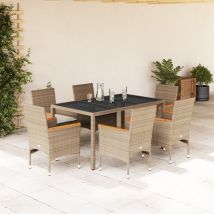 Ensemble à manger de jardin et coussins 7 pcs beige rotin verre