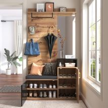 Ensemble armoire en bois, avec 4 patères, miroir, meuble à chaussures, porte-manteau mural, mdf, Noir
