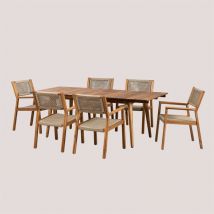 Ensemble table rectangulaire 160-210x90 cm extensible et 6 chaises de jardin avec accoudoirs en bois d'acacia Tenay Sklum Brun Blé