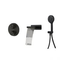 Paini France Robinetterie - Pack mitigeur bain douche thermostatique encastré rond paini Ruby Noir Mat