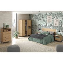Pegane - Ensemble chambre à coucher complète adulte coloris chêne doré ( armoire + commode rangement + 2 chevets + Tête de lit )