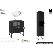 Otitec - Ensemble complet de salle de bain - Meuble - Colonne - Vasque avec Siphon offert nomad noir 70 x 80 x 43 cm