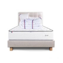 Ensemble Complet Matelas Iris (20 cm) ferme,Sommier beige (20cm) , Tête de lit,Oreiller et Couette, 160x200cm