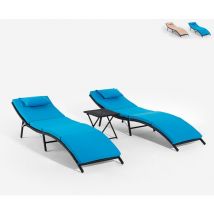 Beach And Garden Design - Lot de 2 chaises longues en rotin avec table pliante Lanzarote - Bleu