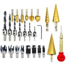 Qiedie - Ensemble de 26 forets à fraiser, outils de forage pour le travail du bois, y compris 8 coupe-bouchons à bois, foret à trois pointes avec clé