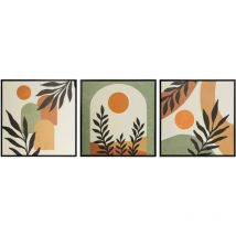 Hispanohogar - Ensemble de 3 toiles dans des tons verts et oranges, avec cadre noir 40x40cm