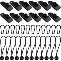 Ensemble de 36 pièces Clip de Bâche Tente, 12pcs Pince pour Bâche Pince Verrouillage, 12pcs Corde elastiche per tenda in nylon, 12pcs Mousqueton,