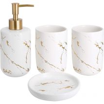 Ensemble de 4 Accessoires de Salle de Bain en céramique avec Distributeur de Savon, gobelets, Porte-Savon (Blanc)
