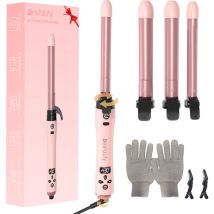 Decdeal - Ensemble de baguettes de fer à friser en céramique pour bigoudis, avec baril en céramique Interchangeable, pince à cheveux et gant de