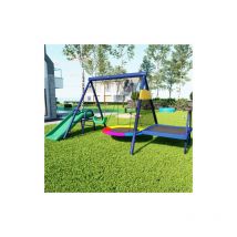Ensemble de balançoire extérieure multifonctionnel – avec toboggan, trampoline, balançoire en nid rond et balançoire en plastique, sûr et durable, le
