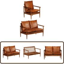 Ensemble de canapés 2 pcs Marron Cuir véritable et acacia - Canapé Cuir - Meuble Salon - Ensemble Canapé - Canapé Deux Places - Fauteuils