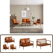 Ensemble de canapés 3 pcs Cuir véritable Bois massif d'acacia - Canapé En Cuir - Canapé Design - Meuble Salon - Mobilier Vintage - Fauteuil Cuir
