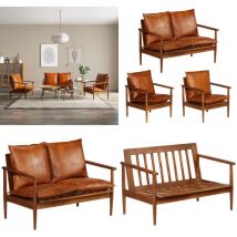 Ensemble de canapés 3 pcs Cuir véritable Bois massif d'acacia - Canapé En Cuir - Canapé Design - Meuble Salon - Mobilier Vintage - Fauteuil Cuir