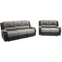 Relaxxo - Ensemble de Canapés Relaxation manuel 3 et 2 places Microfibre Grise / Simili Noir leo