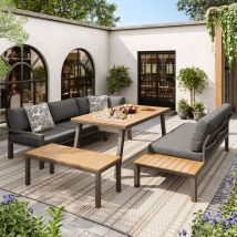 Ensemble de chaises longues de jardin, canapé de jardin+table+tabouret, plateau de table avec seau à glace, gris+naturel
