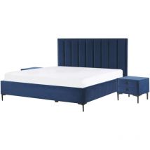 Ensemble de Chambre à Coucher Lit Double 160 x 200 cm avec Coffre et 2 Tables de Chevet Assorties en Velours Bleu Foncé Moderne et Glamour Beliani