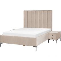 Ensemble de Chambre Lit Coffre Double 140 x 200 cm et 2 Tables de Chevet en Velours Taupe Sezanne