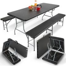 Ensemble de Table de Camping Pliante Aspect rotin Tente à bière Banc en rotin Optique pour 6 personnes Noir - Arebos