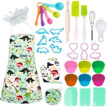 Ensemble De Chef pour Enfants 35 Pièces, Kit de Cuisine Ensemble De Cuisine Et De Pâtisserie pour Enfants, Tablier De Dinosaure, Gants, Fouet, Jouet