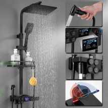 Xiiw - Ensemble de douche à barre thermostatique en noir avec affichage de la température led, colonne de douche avec étagère, 3 modes de jet, barre