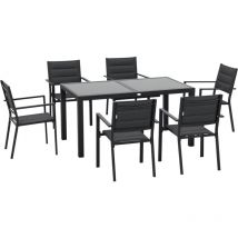 Ensemble de jardin 6 personnes chaises empilables table extensible 150/210L cm alu. teslin gris