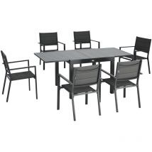 Ensemble de jardin 6 personnes chaises empilables table extensible 90/180L cm alu. textilène gris