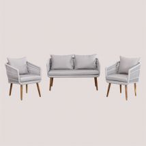 Salon de jardin composé d'un canapé 2 places et de 2 fauteuils en bois d'acacia et corde tressée Style Barker Sklum Gris