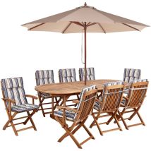 Ensemble de Jardin en Bois d'Acacia 8 Places Table et Chaises et Parasol Coussins Rayés Bleu Maui ii
