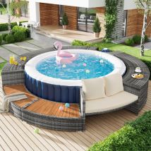 Ensemble de jardin rond, avec canapé, piscine, pieds réglables, coussins, rangements, salon de jardin pour terrasse, jardin ou espace piscine - Gris