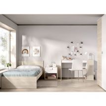 Ensemble de lit enfant + table de nuit + meuble de bureau + armoire coloris blanc, chêne naturel