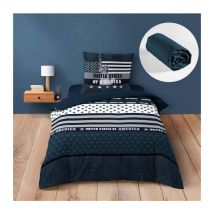 Ensemble de Lit States : Housse de Couette 140x200 cm avec Drap-Housse Bleu 90x190 cm - Esprit usa