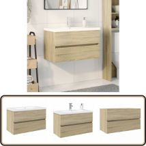 Ensemble de meubles de bain 2pcs céramique et bois d'ingénierie - Meuble De Salle De Bain - Meuble Vasque - Armoire Salle De Bain - Rangement Salle