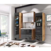 Bratex - Ensemble de meubles de salle de bain madrid ii, ensemble de meubles avec lavabo inclus, éclairage led, couleur wotan/noir brillant