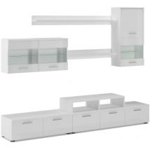Ensemble de meubles, meuble de salon unité murale, Meuble bas tv, salle à manger, ensemble de séjour Contemporain ilumination led, Blanc Mate et