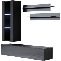 Mb Moebel - Ensemble de Meubles tv Mur de Rangement Meuble salon Suspendu avec led Modèle Luke 5B Noir Finition brillante