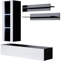 Mb Moebel - Ensemble de Meubles tv Mur de Rangement Meuble salon Suspendu avec led Modèle Luke 5D Noir et Blanc Finition brillante