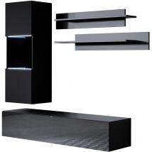 Mb Moebel - Ensemble de Meubles tv Mur de Rangement Meuble salon Suspendu avec led Modèle Luke 6B Noir Finition brillante