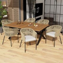 Ensemble de salle à manger de jardin 7 pièces, ensemble de salon de jardin en corde, 6 fauteuils et 1 table, table en bois d'acacia, avec
