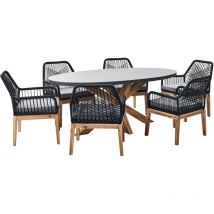 Ensemble de Salle à Manger en Béton 6 Places Base en Bois d'Acacia Mobilier de Jardin avec Chaises Gris et Noir Oristano/Olbia