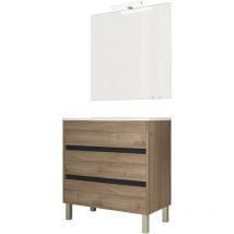 Mennza - Ensemble de salle de bain meuble 80cm stay three edge bois clair - Vasque - Miroir - Applique