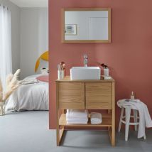 Meuble sous vasque plaqué chêne naturel atoll 70cm + vasque + miroir carré