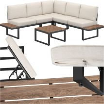 Ensemble de salon de jardin avec cadre en aluminium laqué époxy surfaces de rangement en aspect bois, accoudoir d'angle réglable