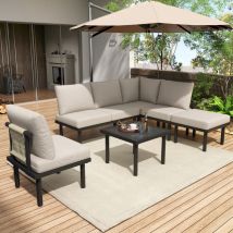 Ensemble de salon de jardin en Corde beige avec Cadre en fer galvanisé,Lot de 6,Pieds réglables,Dessus de table en Verre lisse,Beige