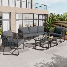 Modernluxe - Ensemble de salon de jardin en fer galvanisé et corde - canapé, 2 fauteuils et 2 tables gigognes - Gris