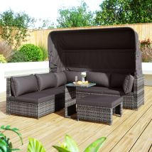 Ensemble De Salon De Jardin 5 Meubles En Rotin Tressé Gris – Canapé 3 Places, 2 Fauteuils, Ottomane, Table D'Appoint – Baldaquin Rétractable, Coussins