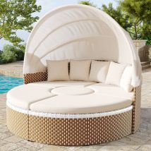 Ensemble de Salon de Jardin,Chaise longue de jardin en forme de coquillage,Auvent extensible,Dessus de table relevable,Île du Soleil,Beige