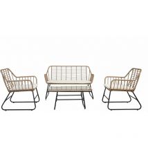 Ensemble de salon en acier et polirattan Garden Friend Cebu comprenant une table, un canapé et 2 fauteuils en noir, naturel et blanc