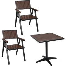 Mendler - Lot de 2 chaises de jardin + table de jardin HWC-J95 Outdoor - alu aspect bois - noir - marron foncé