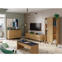 Ensemble de séjour coloris chêne doré ( meuble tv + Buffet + Bibliothèque + Table basse) Pegane